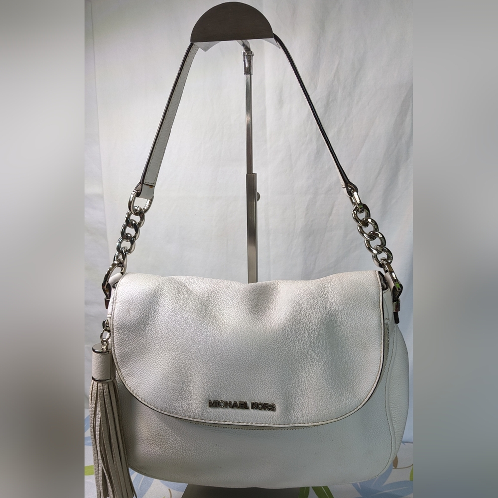 Michael Michael Kors Cream Pebbled Leather Conv. Foldover Crossbody W/Tassel
